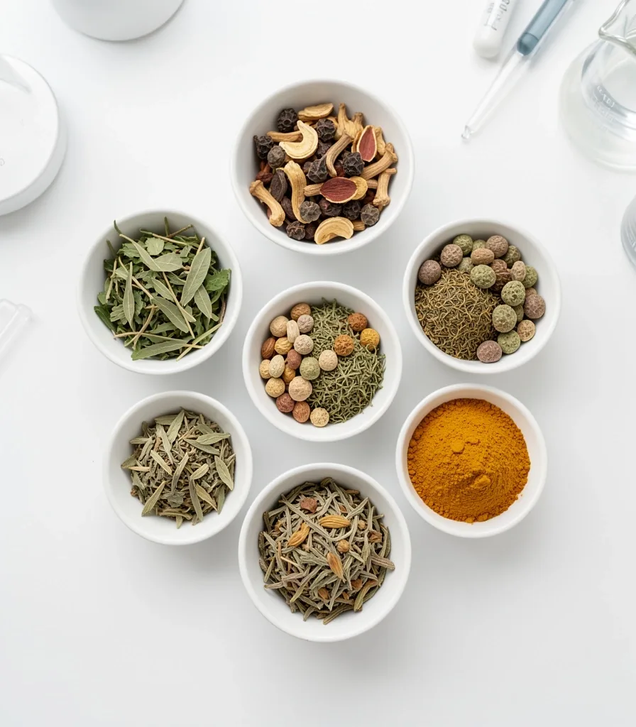 Botanical ingredients on a laboratory surface