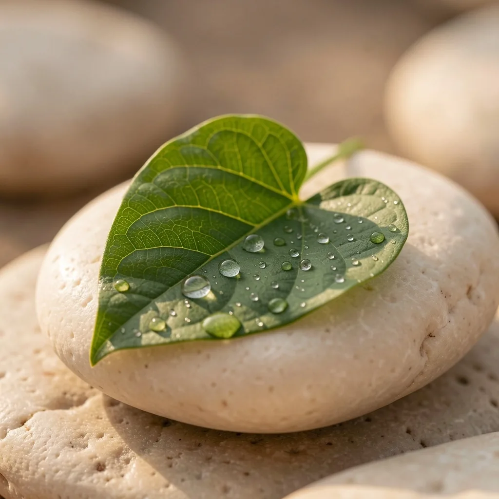 Fresh herb leaf with water droplets on stone