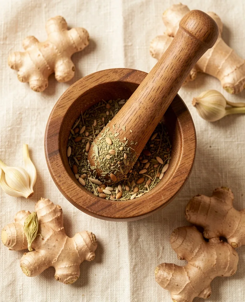 Mortar and pestle with ground herbs on a linen surface