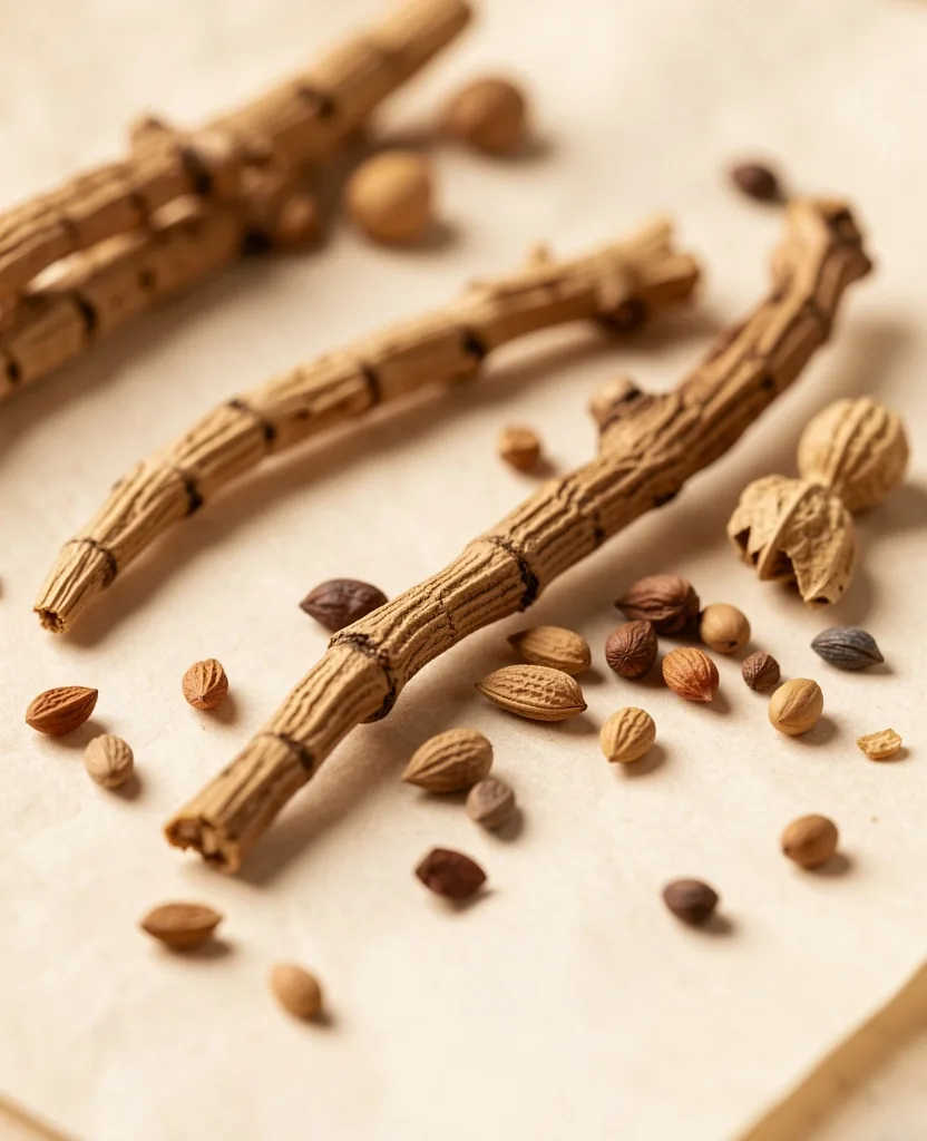 Botanical ingredients on a parchment surface