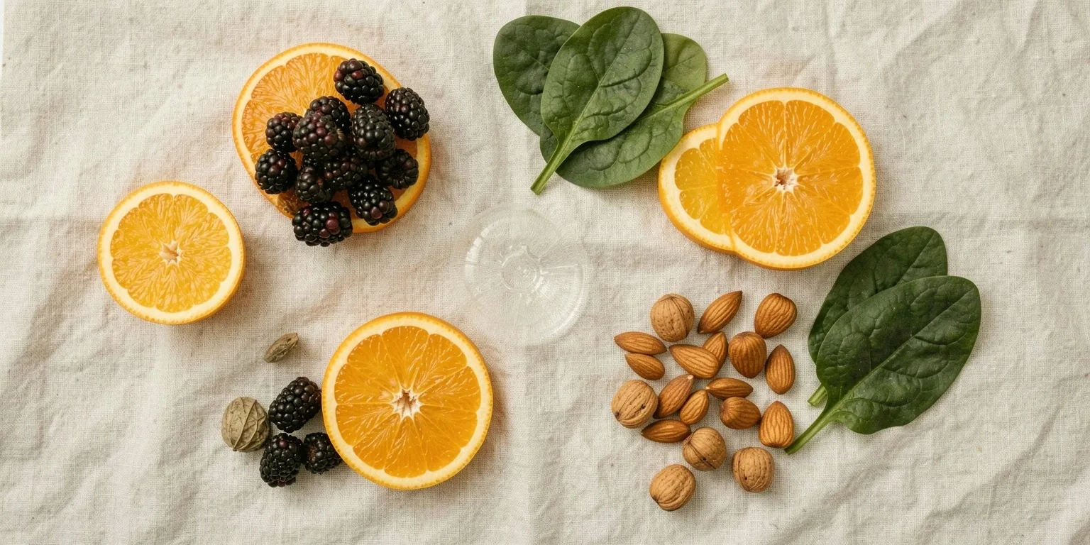 Assorted antioxidant-rich foods on linen