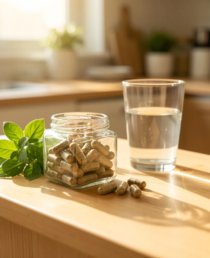 Natural capsules and fresh greens on a kitchen counter